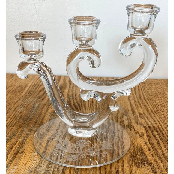 Vintage Glass 3 Arm Candle Holder Etched Floral Design - Picture 1 of 10